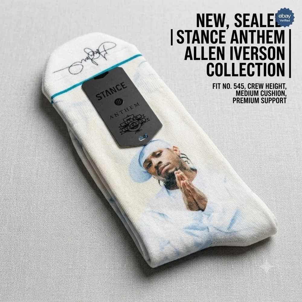 Stance Anthem Allen Iverson Crew Socks Mens Size L Large NWT NBA Basketball Whit